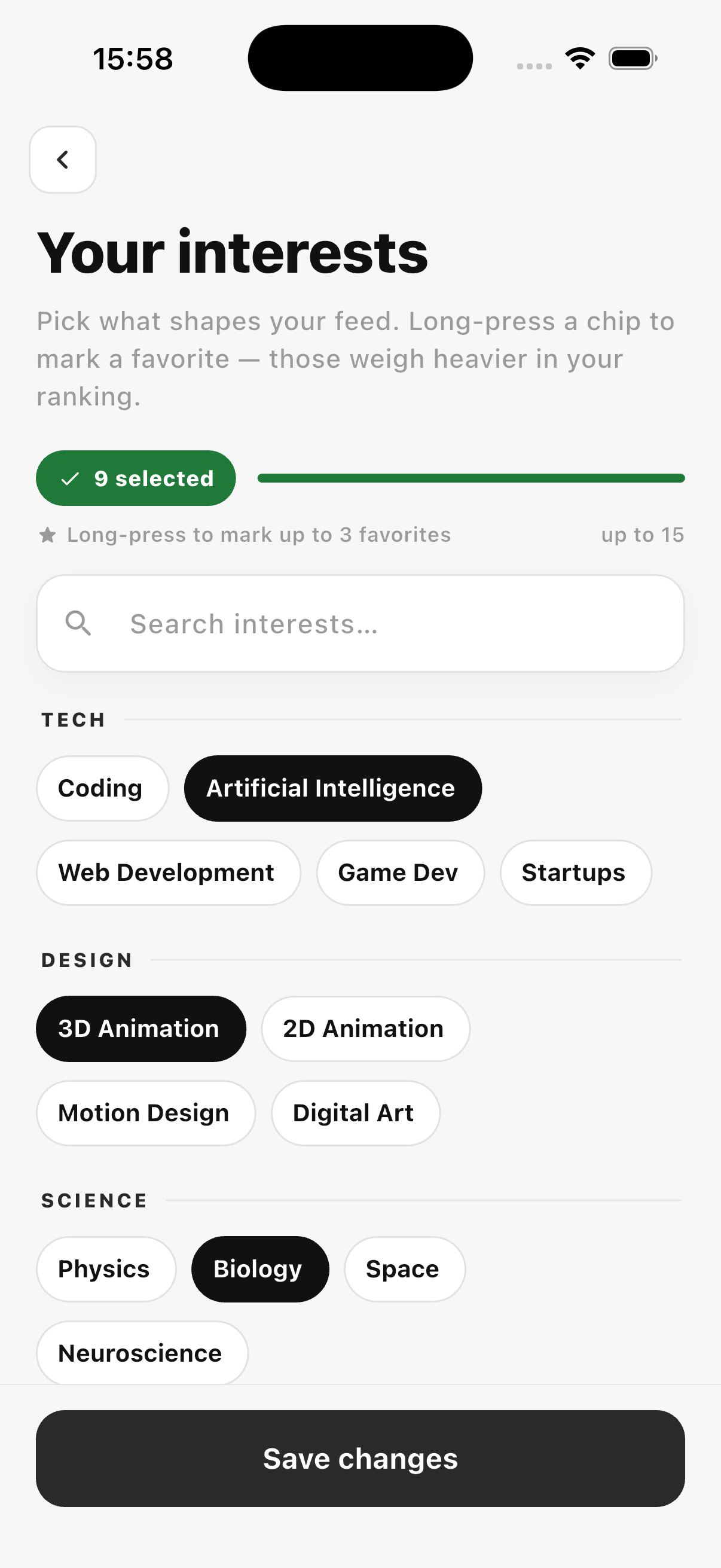 Interests selection