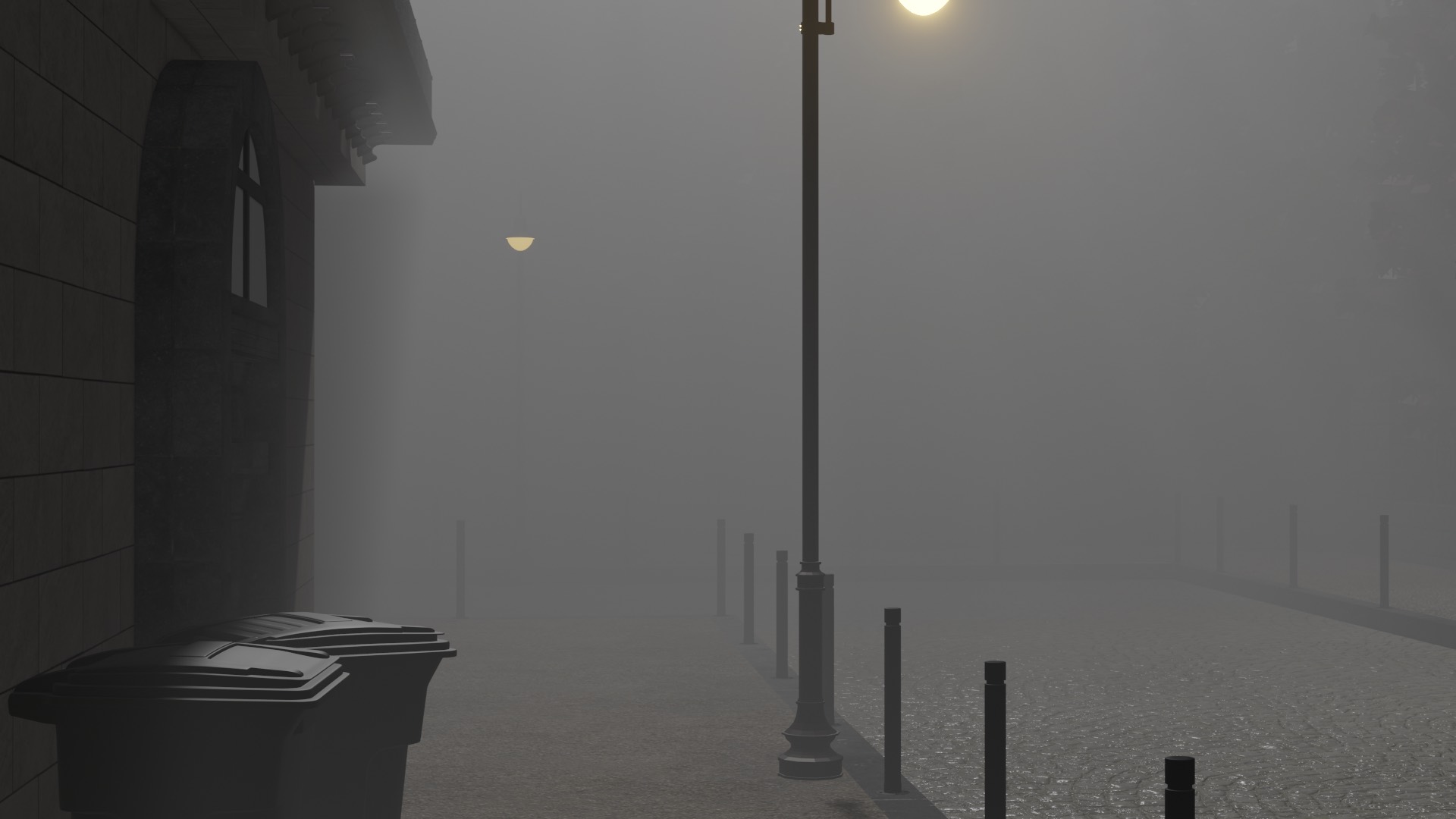 Foggy street at dusk with a glowing lamppost