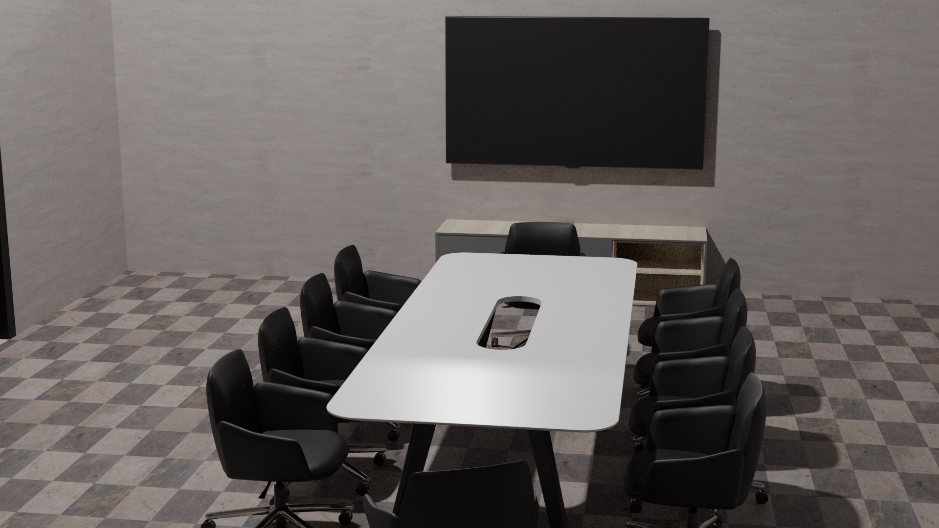 Rendered meeting room interior with a wall screen